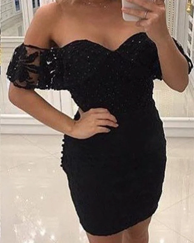 Tight Black Lace Homecoming Dress Off Shoulder Lace Dress Lace