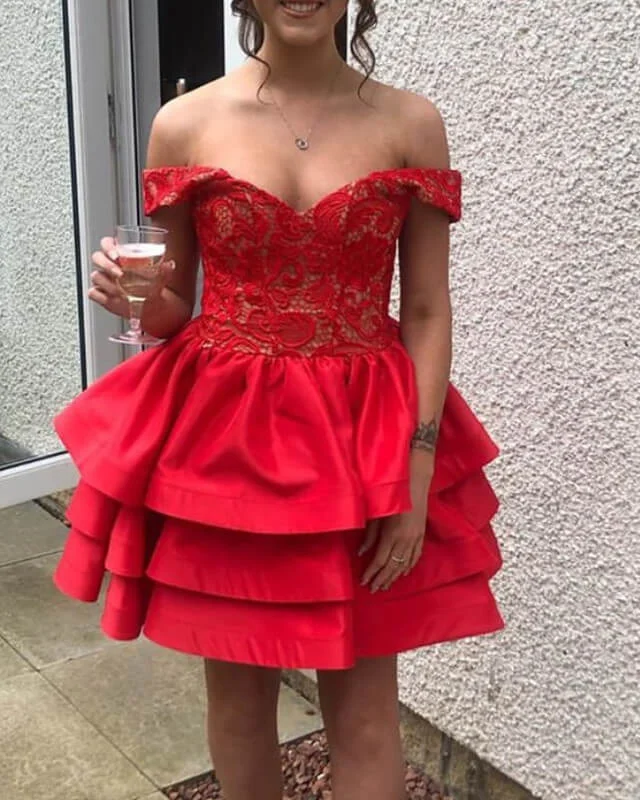 Short Red Ruffles Satin Lace Off The Shoulder Dress Lace Cocktail Gown