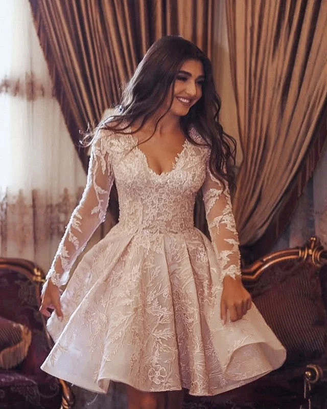 Long Sleeves Homecoming Dresses Lace V Neck Ruffles Lace Dress Perfect