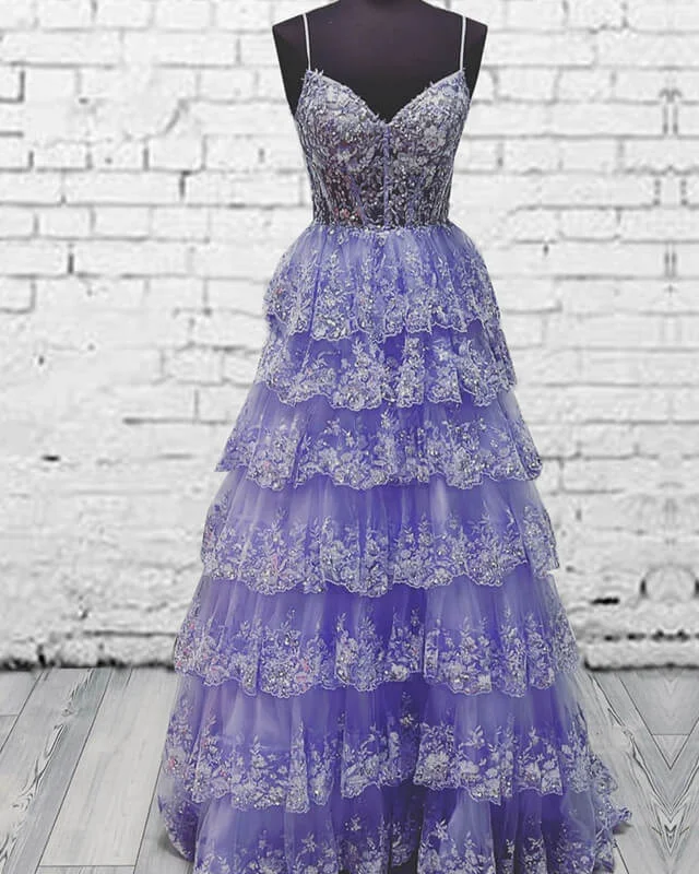 Light Purple V Neck Layered Lace Prom Dress Blue Lace Dress