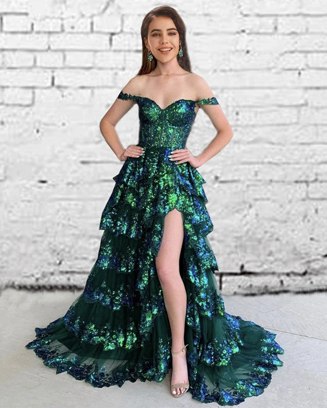 Green Sequin Lace Ruffles Prom Dress Classic Lace Dress