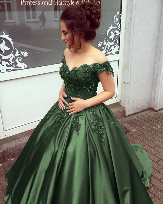 Olive Green Satin Ball Gown With 3D Lace Flowers Black Lace Dress