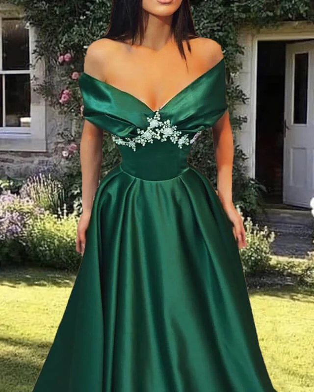 Off The Shoulder Satin Dress With Lace Appliques Lace Dress Vibe