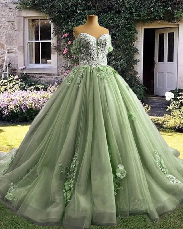 Sage Tulle 3D Lace Flowers Ball Gown Dress Vintage Lace Dress