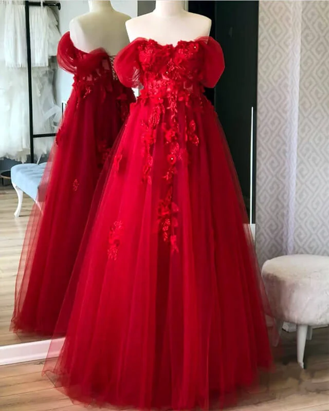 Red Tulle Corset Dress With 3D Lace Flowers Chic Lace Dress