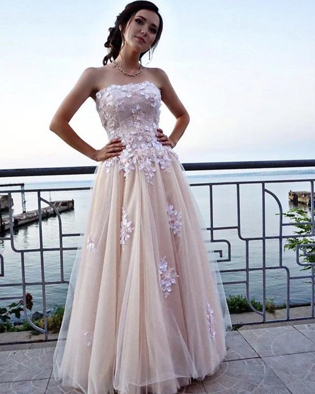 Strapless Corset Tulle Prom Dresses Lace Flowers Lace Evening Gown