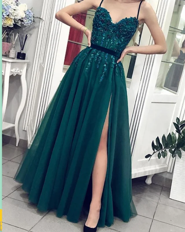 Tulle Split Prom Dresses Sweetheart Spaghetti Straps Lace Beaded Lace Dress Lookbook