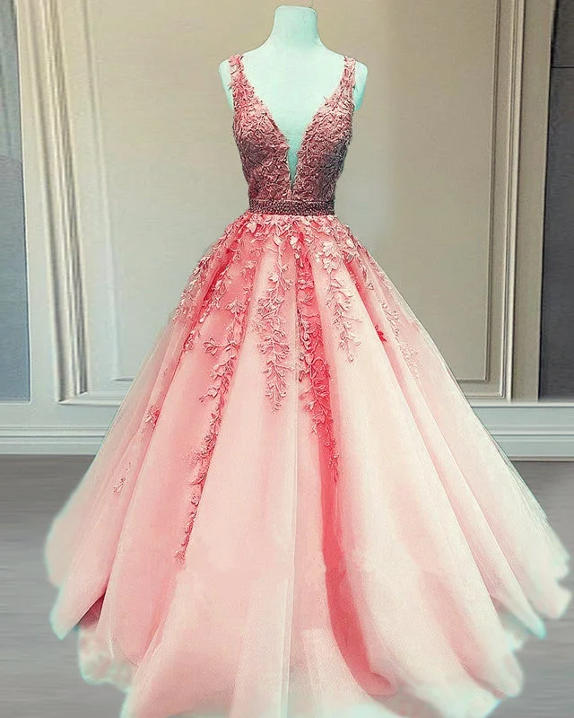 Tulle V Neck Prom Dresses Lace Embroidery Ball Gown Lace Dress Summer