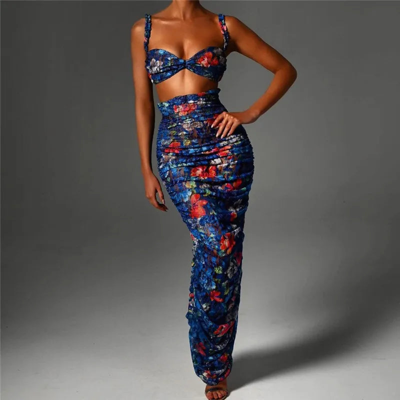 Boho Party Sexy Two-Piece Set  - Maxi Skirt Pleated A-line Skirt