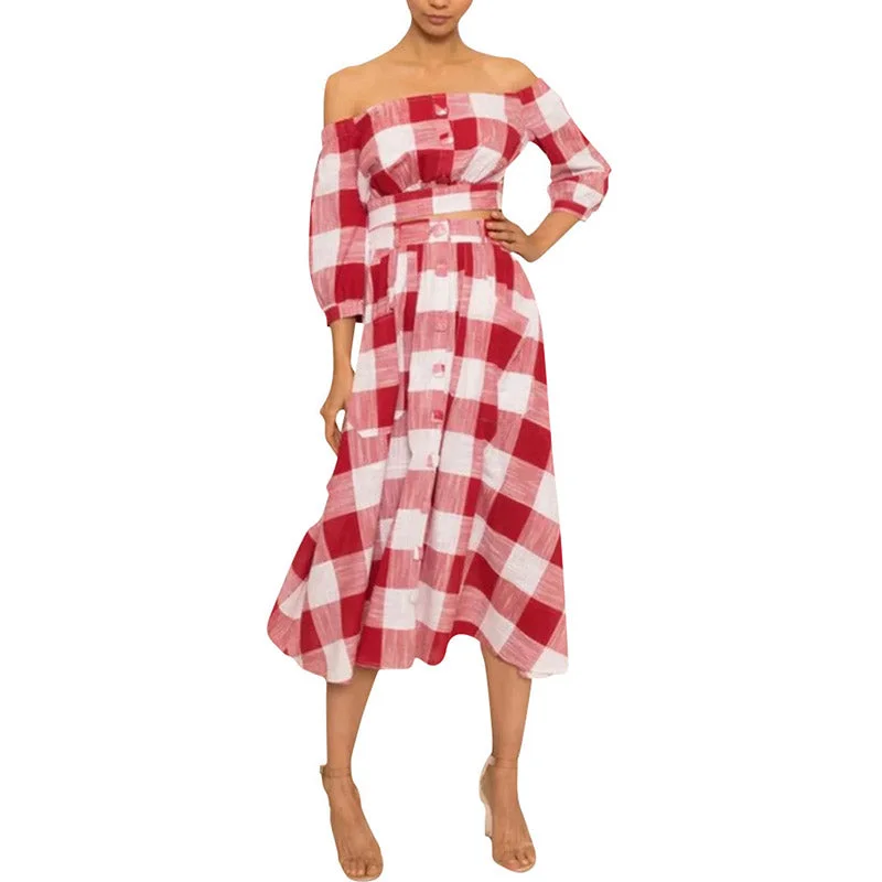 Red Plaid Pleated Off Shoulder Bandage Top And Maxi Skirt With Pockets #Off Shoulder #Plaid Wrap Maxi Skirt