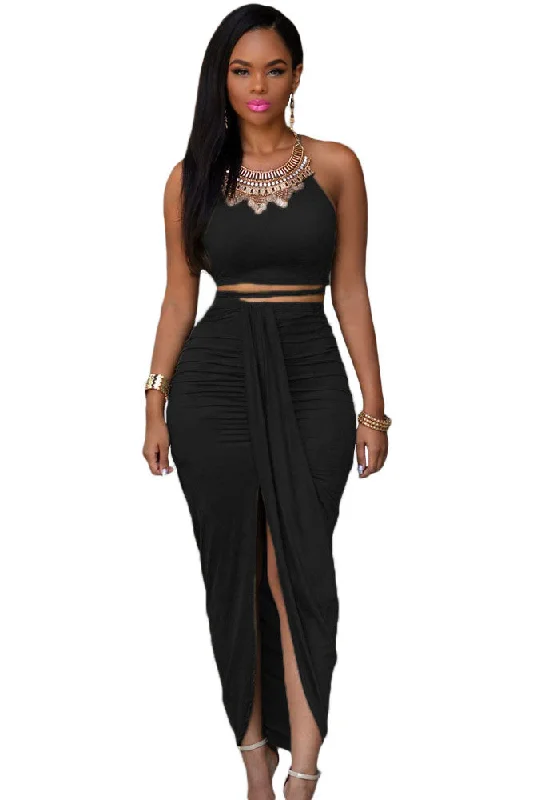 Sexy Black Cotton Two Piece Maxi Skirt Set Bohemian Maxi Skirt