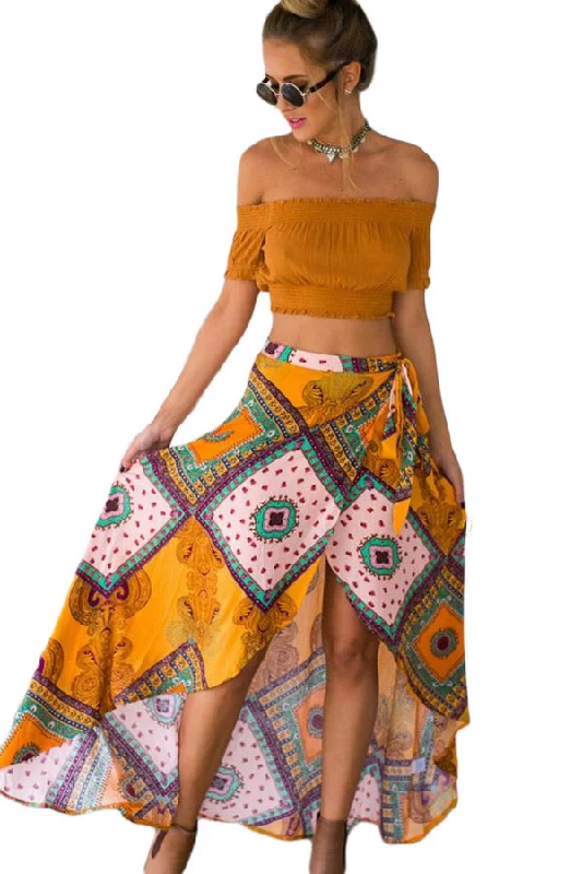 Sexy Boho Dream Tie Waist Tribal Print Asymmetrical Maxi Skirt Black Maxi Skirt