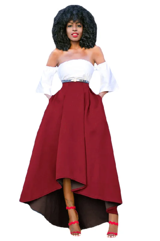 Sexy Burgundy Asymmetric High-Low Hem Maxi Prom Skirt Trendy Maxi Skirt