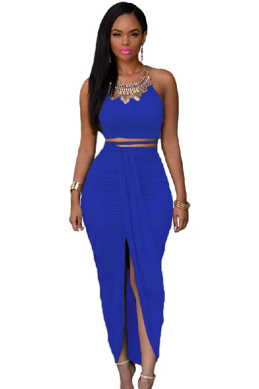 Sexy Royal Blue Cotton Two Piece Maxi Skirt Set Ruffle Long Maxi