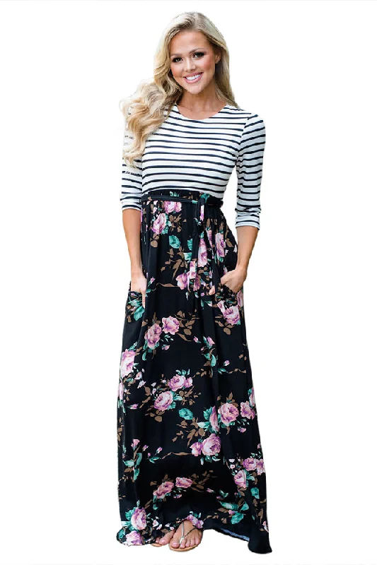 Sexy Striped Black Floral Skirt Maxi Dress with Tie Waist Comfortable Maxi Look