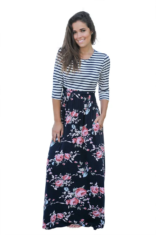 Sexy Striped Navy Blue Floral Skirt Maxi Dress with Tie Waist Flowing Boho Skirt