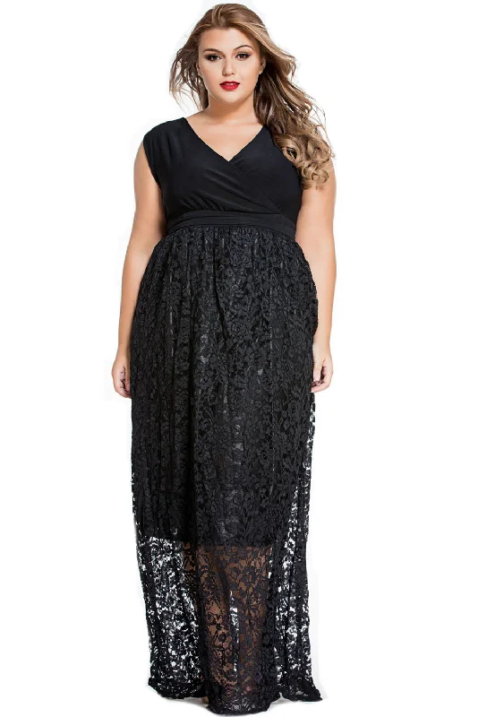 Sexy V Neck Floral Lace Maxi Skirt Plus Dress Front Slit Skirt