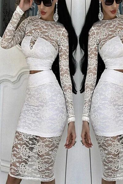 Sexy White Lace Overlay Long-sleeve Skirt Set Fitted Maxi Skirt