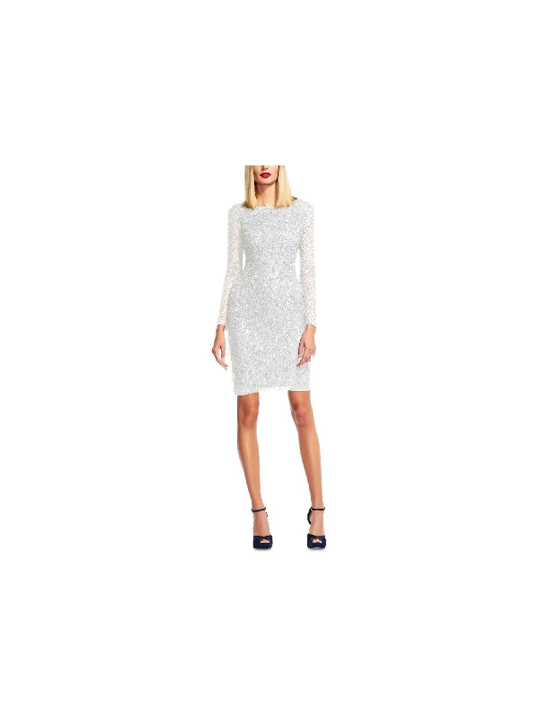 ADRIANNA PAPELL Womens Ivory Sequined Zippered Lined Long Sleeve Boat Neck Above The Knee Evening Sheath Dress Sequin Bodycon Dress