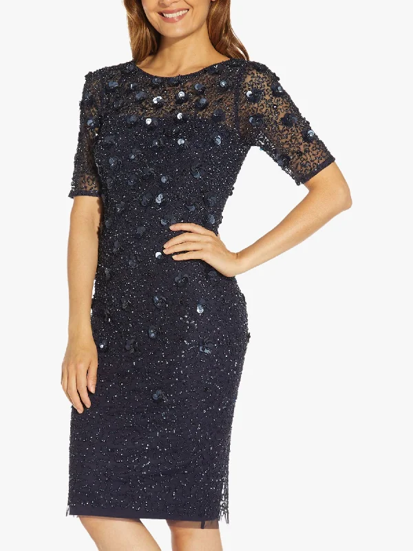 ADRIANNA PAPELL Womens Navy Sequined Beaded Sheer Zippered Lined Short Sleeve Round Neck Below The Knee Cocktail Sheath Dress Sparkling Sequin Dress