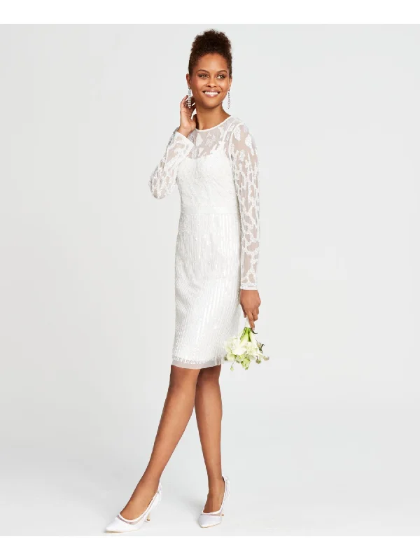 ADRIANNA PAPELL Womens White Beaded Sequined Zippered Printed Long Sleeve Illusion Neckline Above The Knee Formal Sheath Dress Lush Sequin Dress