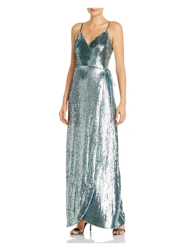 AIDAN AIDAN MATTOX Womens Green Sequined Tie Snap Closure Spaghetti Strap Surplice Neckline Full-Length Evening Gown Dress Elegant Sequin Gown