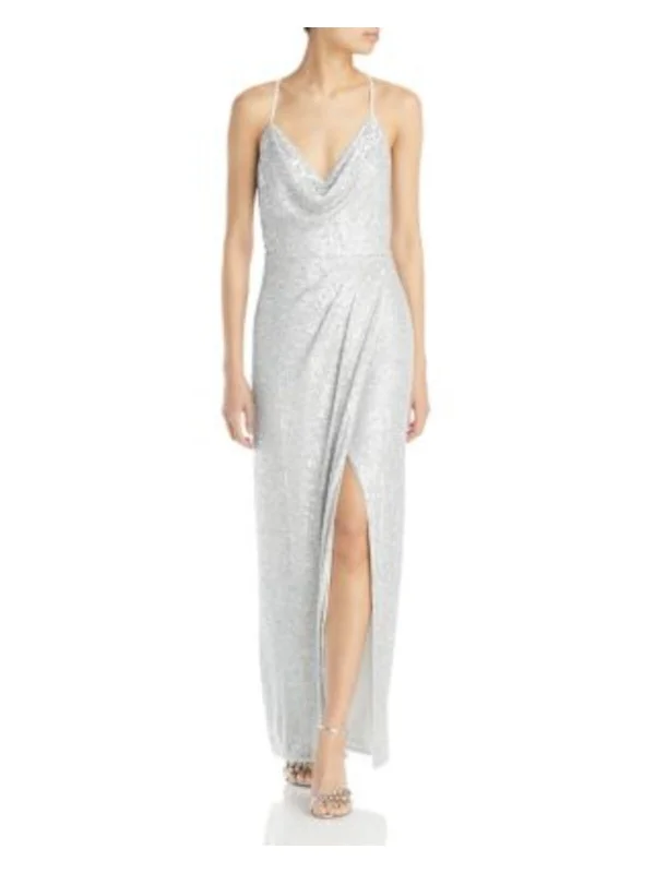 AIDAN AIDAN MATTOX Womens Silver Sequined Zippered High Slit Lined Column Spaghetti Strap V Neck Full-Length Evening Gown Dress Beautiful Sequin Dress