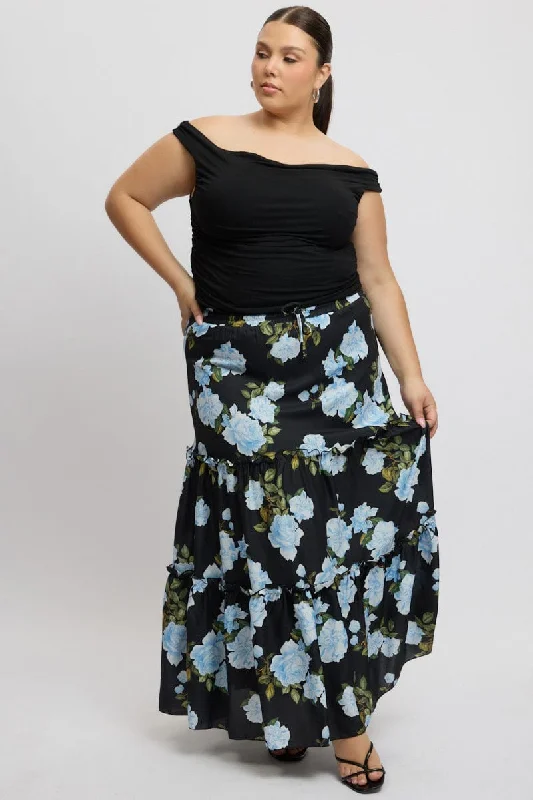 Black Floral Elastic Waist Tiered Maxiskirt Cozy Maxi Skirt