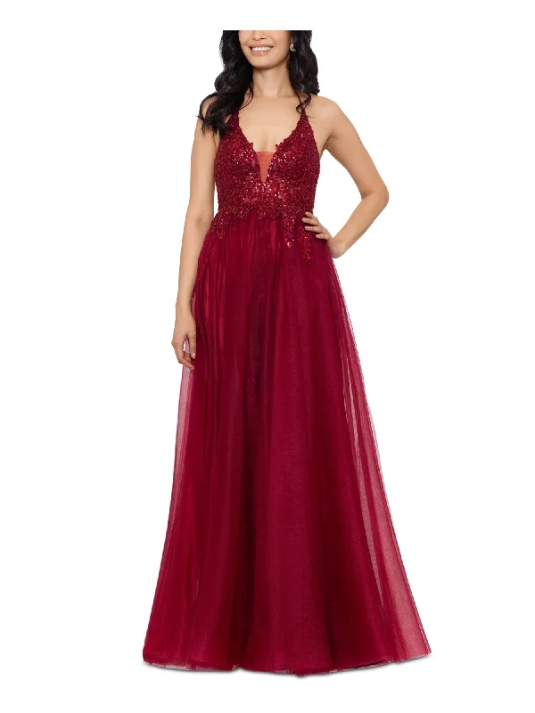 BLONDIE NITES Womens Red Sequined Zippered Lined Sleeveless V Neck Full-Length Prom Gown Dress Pink Sequin Gown