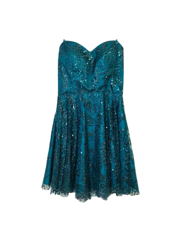 BLONDIE NITES Womens Teal Sequined Glitter Lined Adjustable Zippered Sleeveless Round Neck Short Party Fit + Flare Dress Vintage Sequin Dress