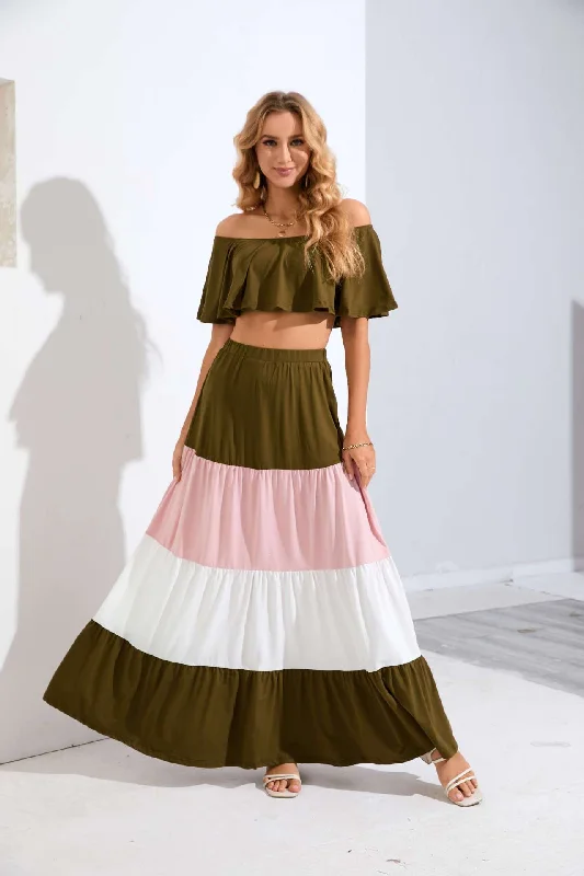 Contrast Flounce Crop Top and Maxi Skirt Set Front Slit Skirt