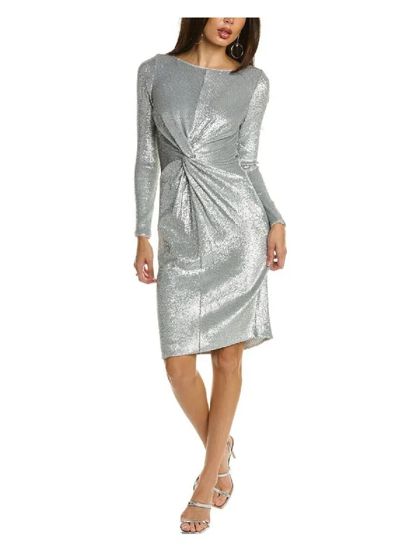 DONNA KARAN NEW YORK Womens Silver Sequined Gathered Lined Long Sleeve Round Neck Knee Length Evening Sheath Dress Floor-length Sequin Dress