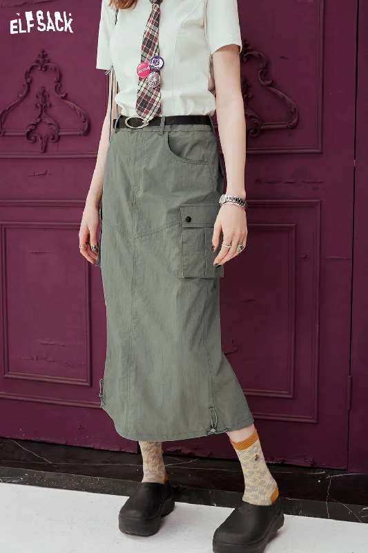 ELFSACK [Free Belt] Straight Work Dress Half Skirt for Women 2024 Spring New Versatile High Waist Long Skirt Cotton Maxi Skirt