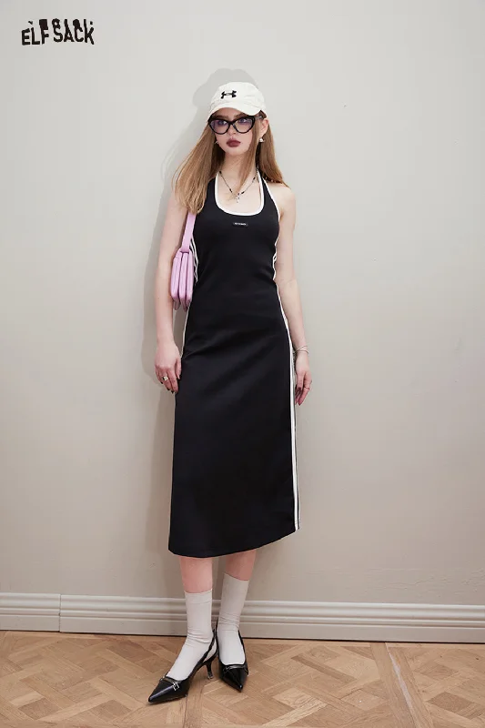 ELFSACK Sports style black suspender dress for women's spring 2024 new slimming hanging neck long skirt Tartan Maxi Skirt