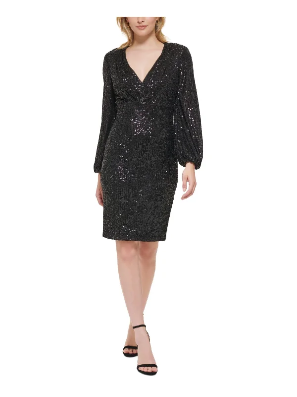 ELIZA J Womens Black Sequined Zippered Shoulder Pads Lined Pleated Blouson Sleeve V Neck Above The Knee Cocktail Sheath Dress Sequin Cocktail Dress