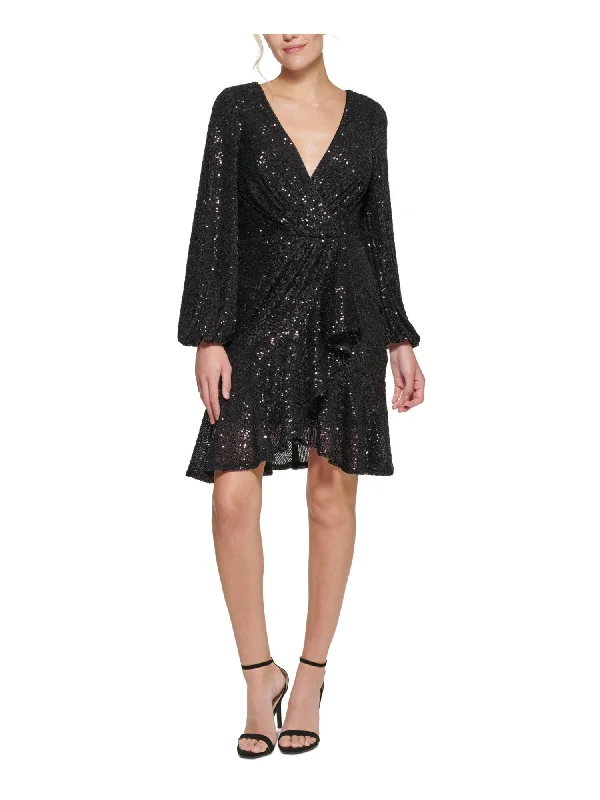 ELIZA J Womens Black Stretch Sequined Zippered Gathered Ruffled Long Sleeve Surplice Neckline Above The Knee Party Faux Wrap Dress Party Wear Sequin