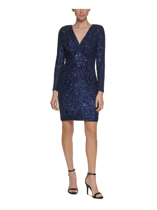 ELIZA J Womens Navy Sequined Zippered Lined Long Sleeve V Neck Above The Knee Evening Sheath Dress Sexy Sequined Dress