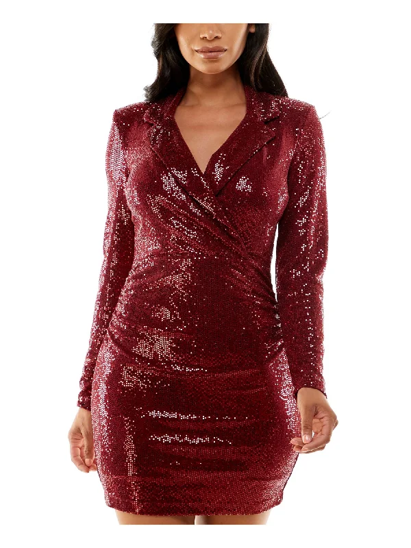 EMERALD SUNDAE Womens Maroon Sequined Zippered Lined Long Sleeve Surplice Neckline Short Party Body Con Dress Off-shoulder Sequin