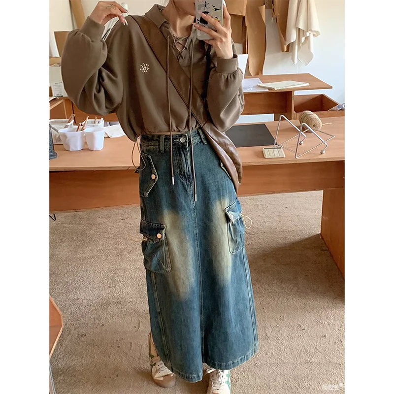 Lunivop Women Y2k High Waist Denim Ankle Length Cargo Skirts Girls Robe Cool Casual Wrap Dress Female Blue A Line Long Skirts Jeans Ruffled Maxi Skirt