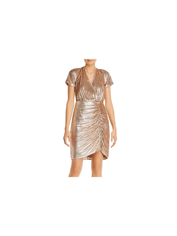 AIDAN AIDAN MATTOX Womens Sequined Short Sleeve Surplice Neckline Short Cocktail Sheath Dress Ruffled Sequin Dress