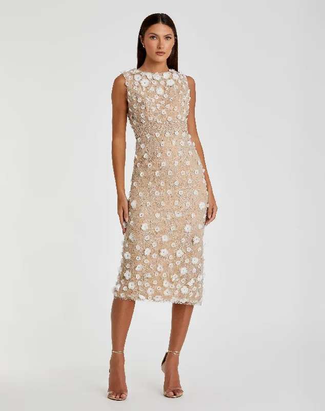 Beige Floral Applique Sleeveless Midi Dress Button-down Midi Skirt