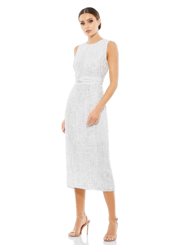 Abstract Beaded Sleeveless Midi Sheath Dress (Rue Gilt) - White Midi Skirt Style