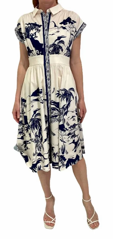 Belted Embroidered Midi Dress In Cream Navy Ruffled Skirt Midi