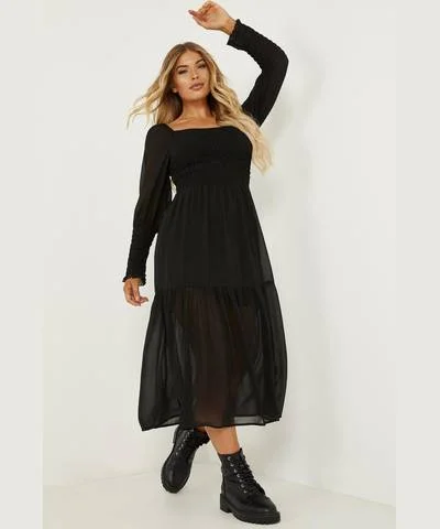 Black Chiffon Shirred Tiered Midi Dress Flowy Midi Skirt