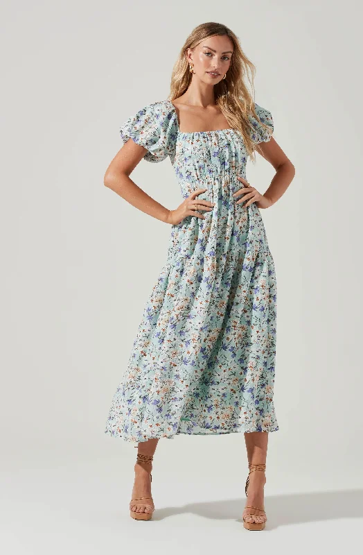 Bubble Sleeve Floral Tiered Midi Dress Pleated A-line Skirt