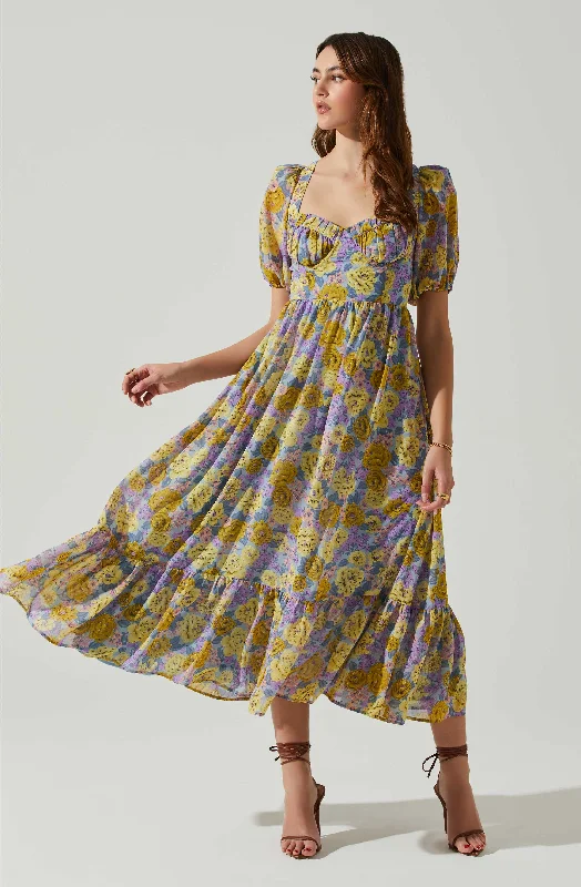 Floral Sweetheart Neck Midi Dress Boho Chic Midi