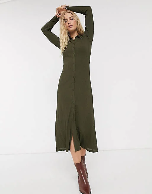 Khaki Ribbed Midi Cardigan Style Dress Casual Midi Skirt