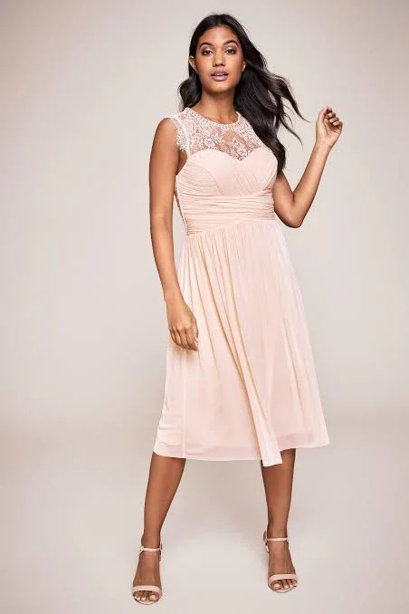 Mesh Embroidered Trim Midi Dress Pink Printed Midi Skirt