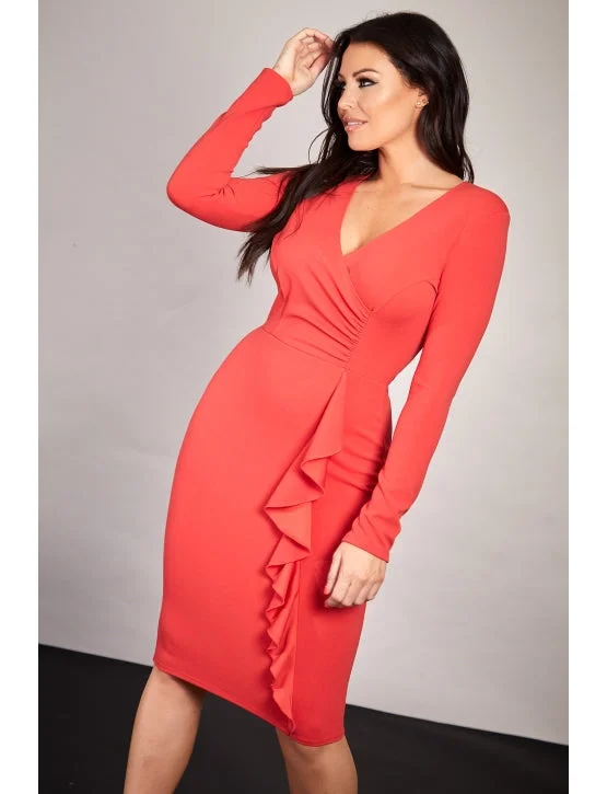 Red Long Sleeve Wrap Bodycon Midi Dress Printed Floral Midi