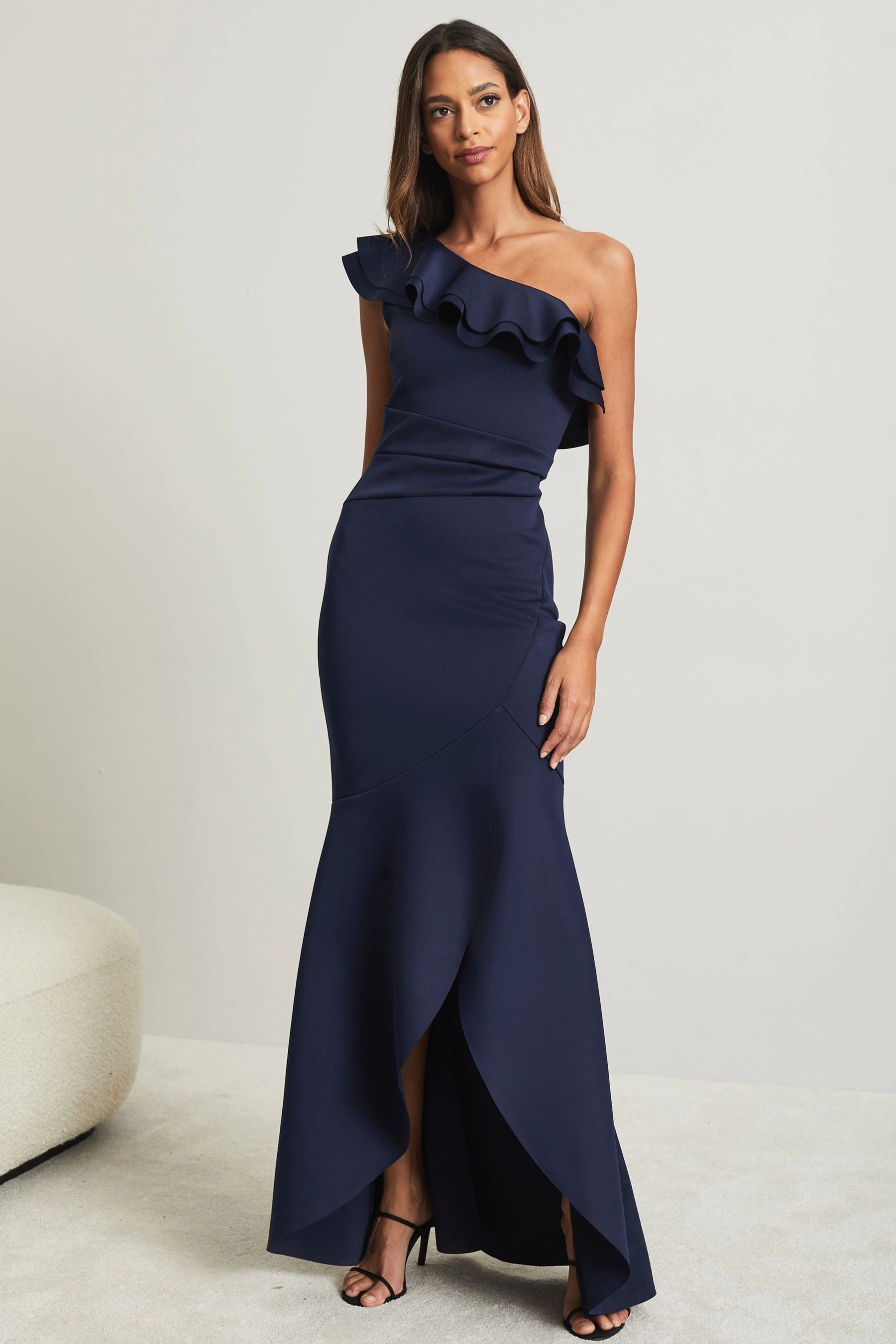 Ruffle One Shoulder Maxi Navy Elegant Midi Skirt